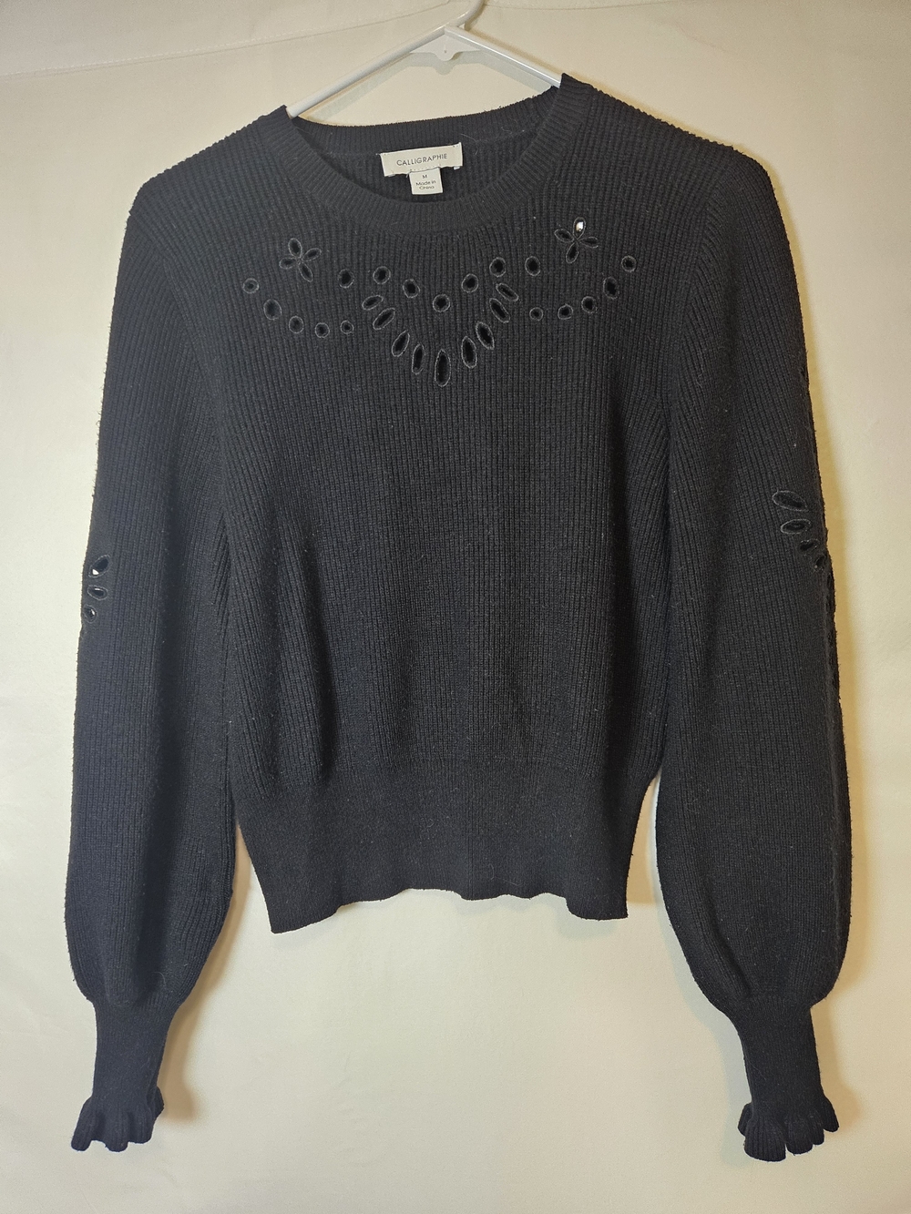 Calligraphie By Anthropologie Black Crewneck Sweater Eyelet Detail Ruffle Sleeve